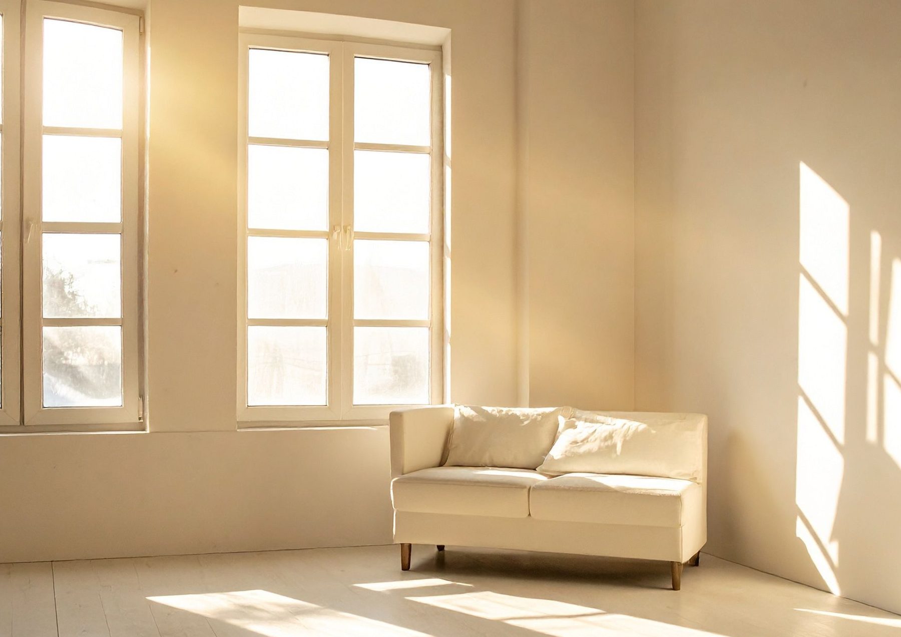 A sunlit room with a cream sofa and tall windows