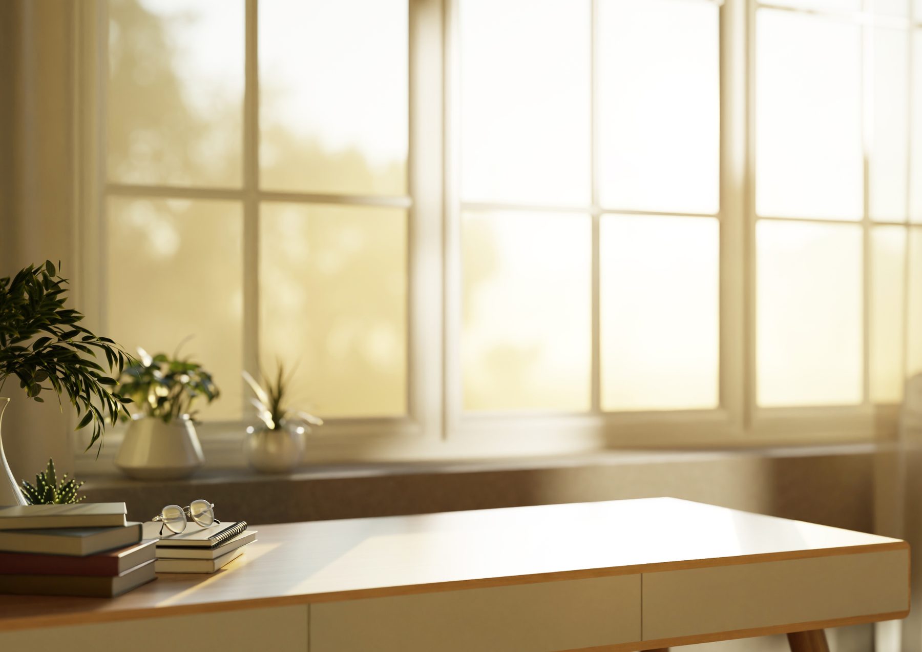 A desk with books and glasses in warm morning light