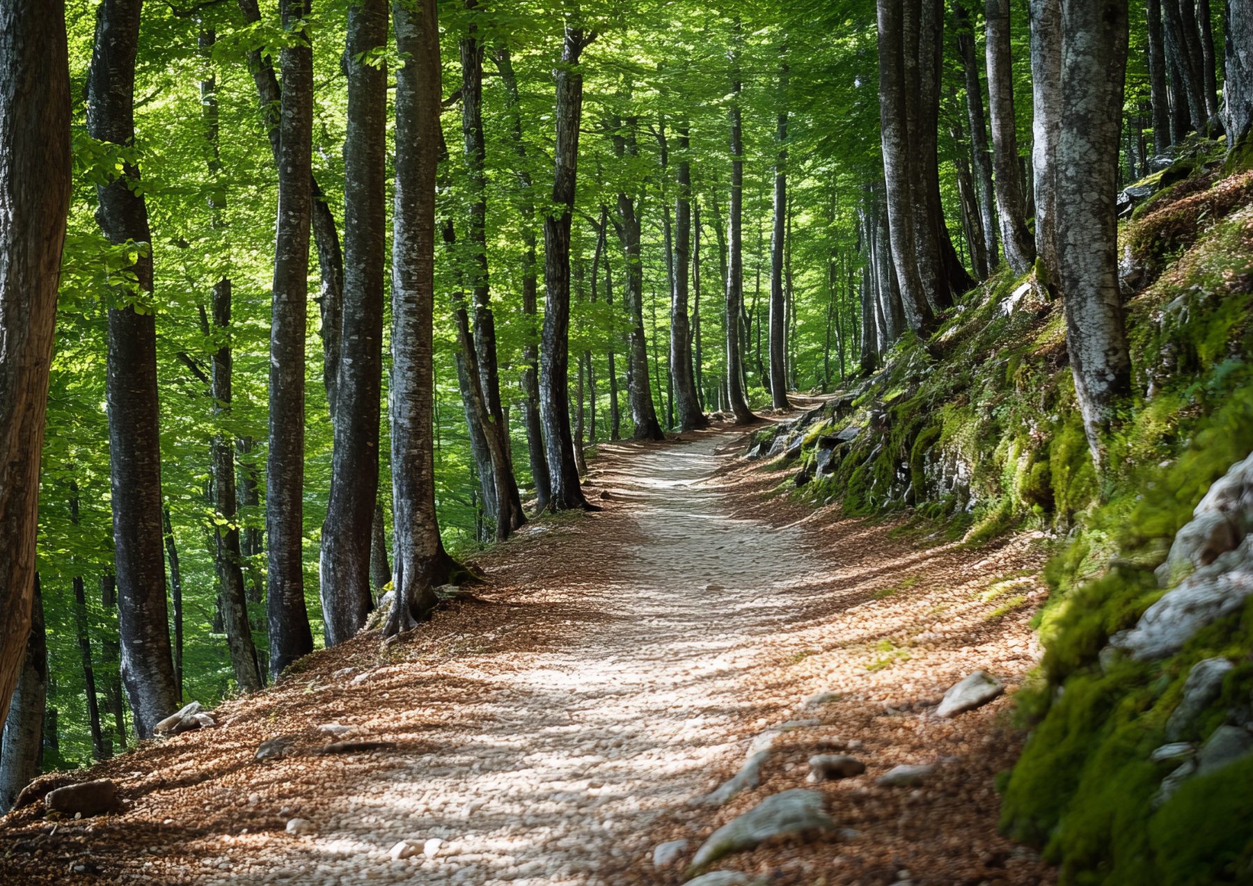 A forest path winding into the trees ahead